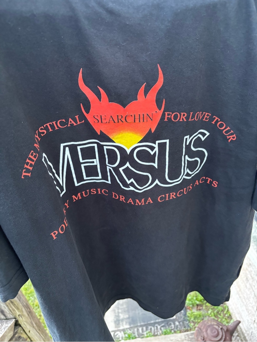Vintage Versace Black Tee with Red and Yellow Flame Logo Searching for Love - Picture 7 of 15